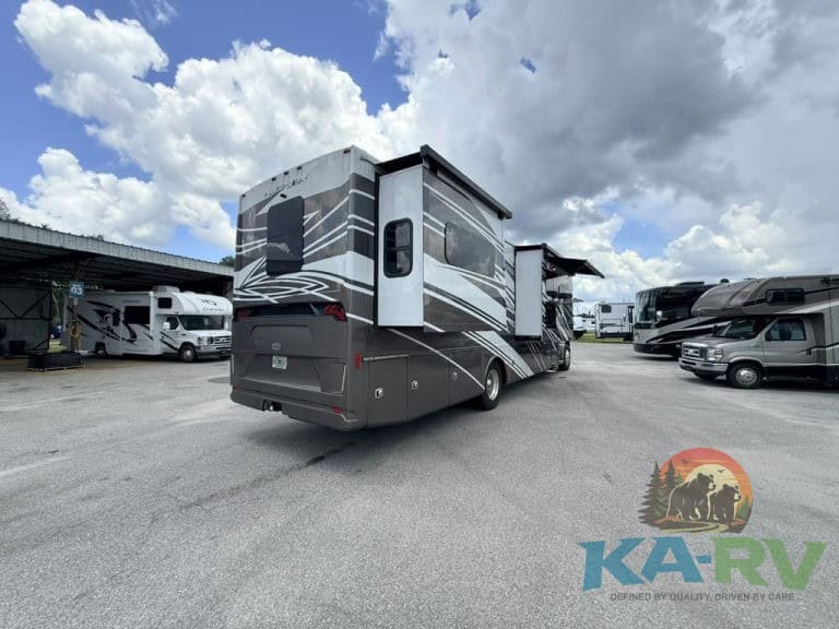 Luxury Tiffin Allegro Bay 38AB motorhome at RV dealership lot.
