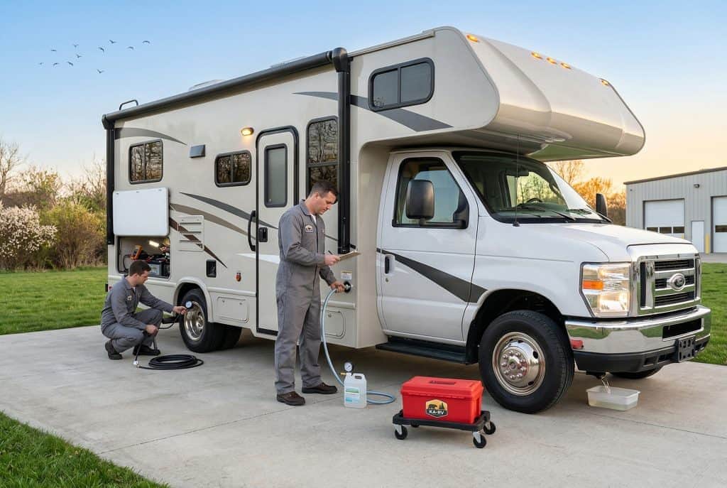 Technicians performing seasonal RV maintenance on a motorhome outdoors.