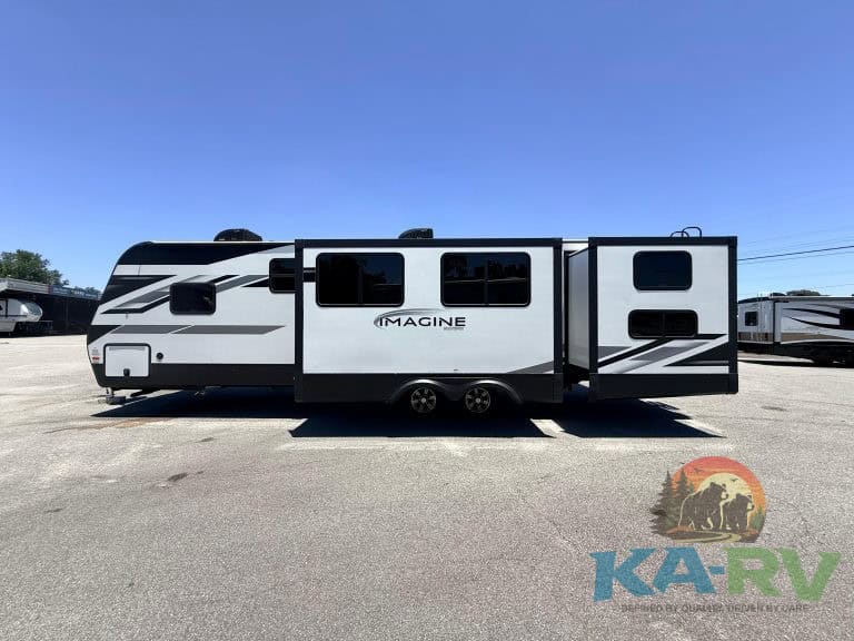 Travel trailer with slide-out, perfect for camping and road trips.