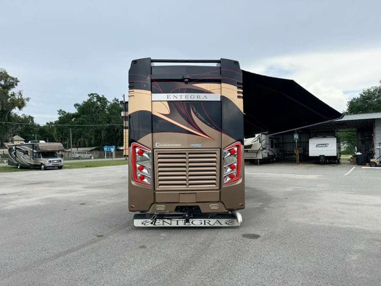 Rear view of 2016 Entegra Cornerstone 45B luxury motorhome.