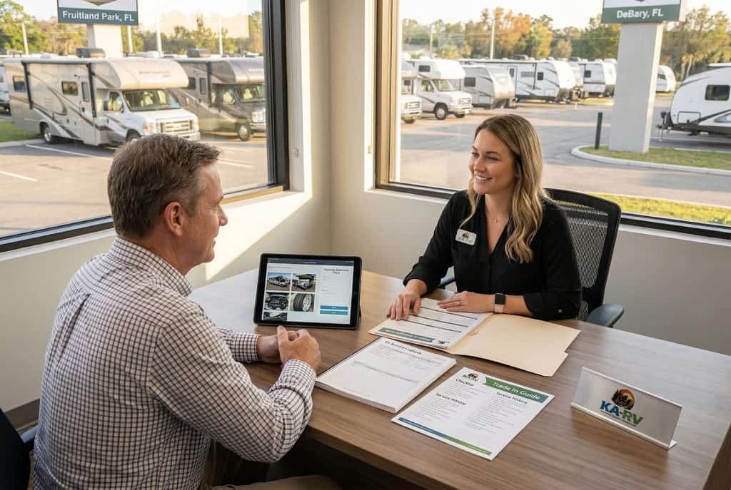 Customer and representative discussing RV trade appraisal inside office.