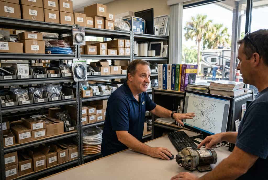 RV repair specialist assisting customer with parts and diagnostics at shop counter.