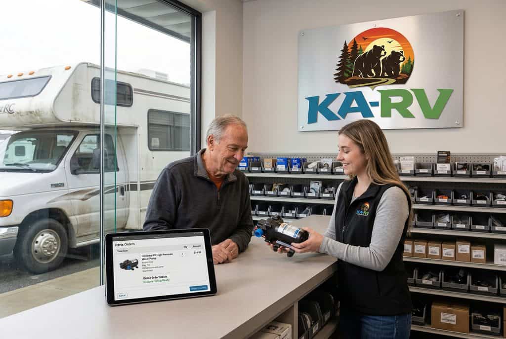 Customer receiving RV repair parts consultation at KA RV Repair.