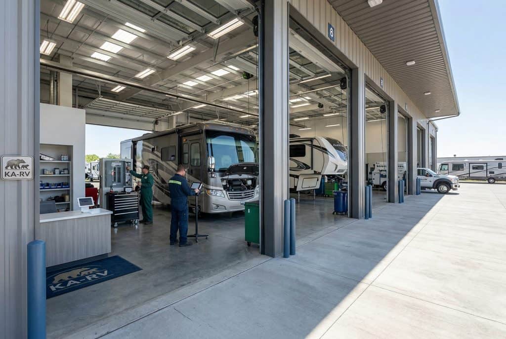 Modern RV repair shop with technicians working on motorhomes and trailers.