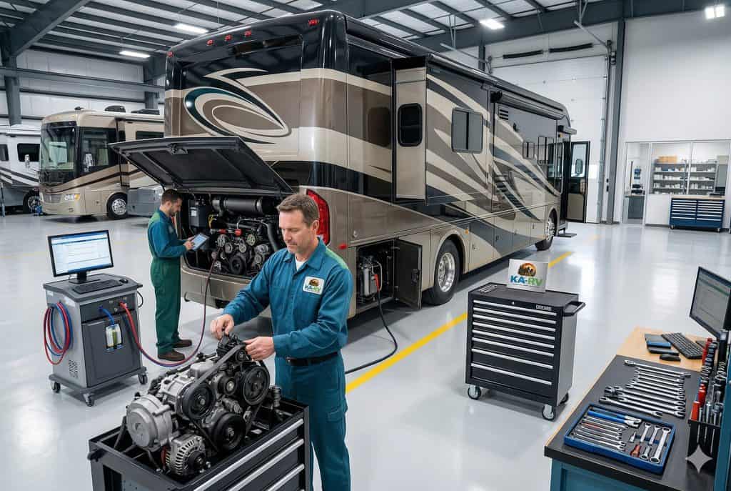 Professional RV repair technicians working on a large motorhome in a modern service center.