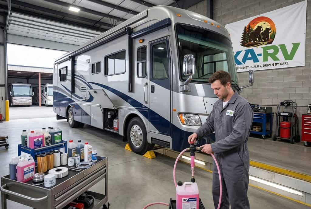 RV repair technician performing maintenance on a motorhome.