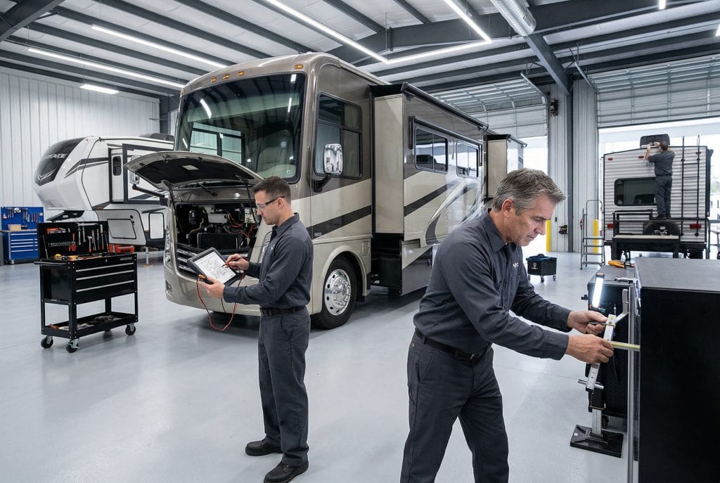 Technicians repairing an RV in a professional service center.