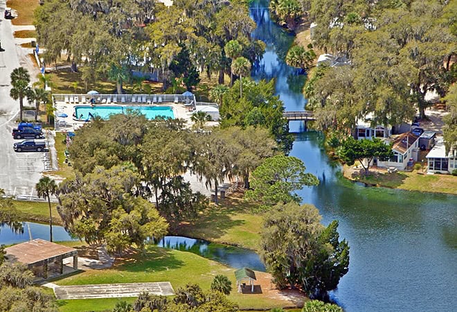An aerial view of Encore Bulow RV Resort, one of the best Daytona Beach RV parks