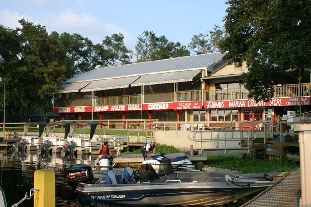 The marina in front of the restaurant at Highbanks Marina and Camp Resort, one of the RV parks near Orlando