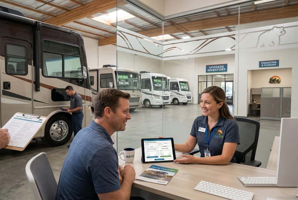 Customer receiving RV trade appraisal at KA RV Repair dealership.