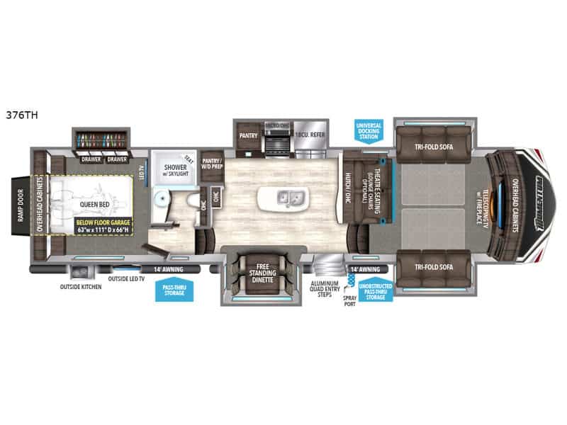 Floor plan of a modern RV with kitchen, bedroom, and living area.