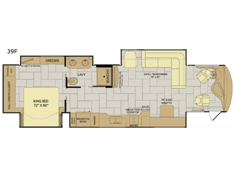 Detailed RV interior layout with living, sleeping, and kitchen areas for repair services.