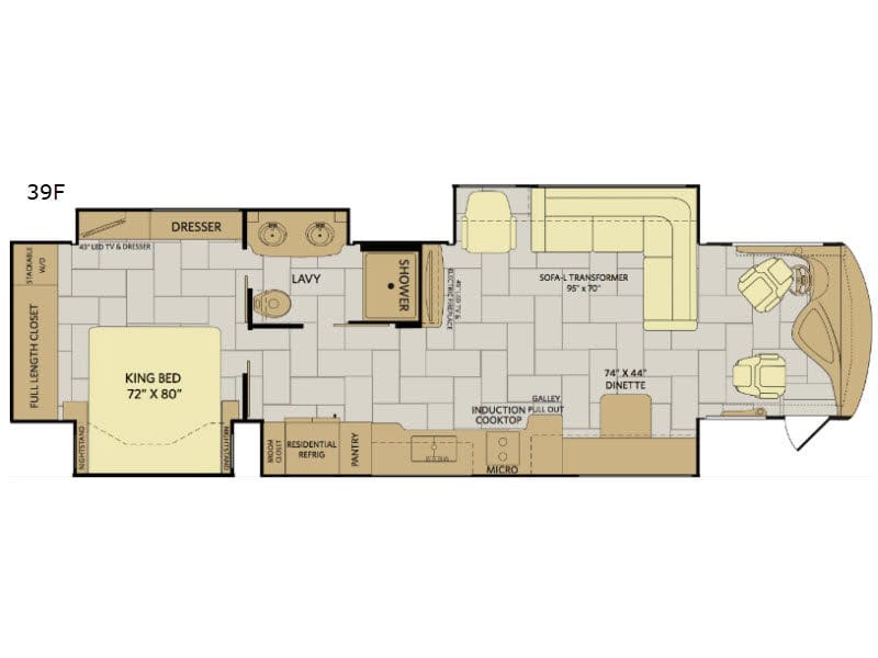 Detailed RV interior layout with living, sleeping, and kitchen areas for repair services.
