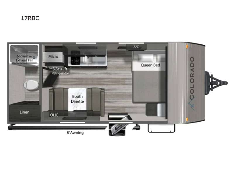 RV interior floor plan showing queen bed, kitchen, and bathroom amenities for comfortable travel.