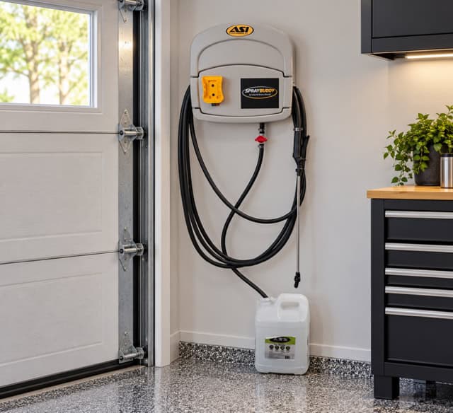 Garage wall with Liquid Snow Shovel storage and power outlet.