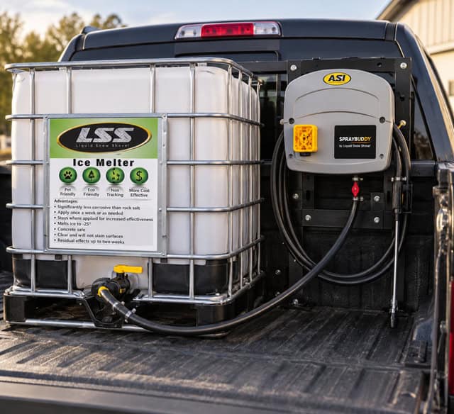 Ice melter system with large container and spray device for snow removal.