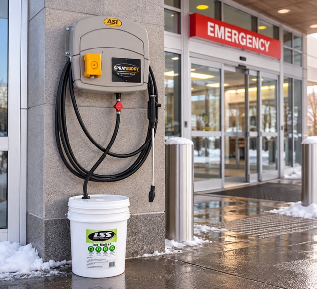 Ice melt dispenser for emergency use outside hospital entrance in winter.