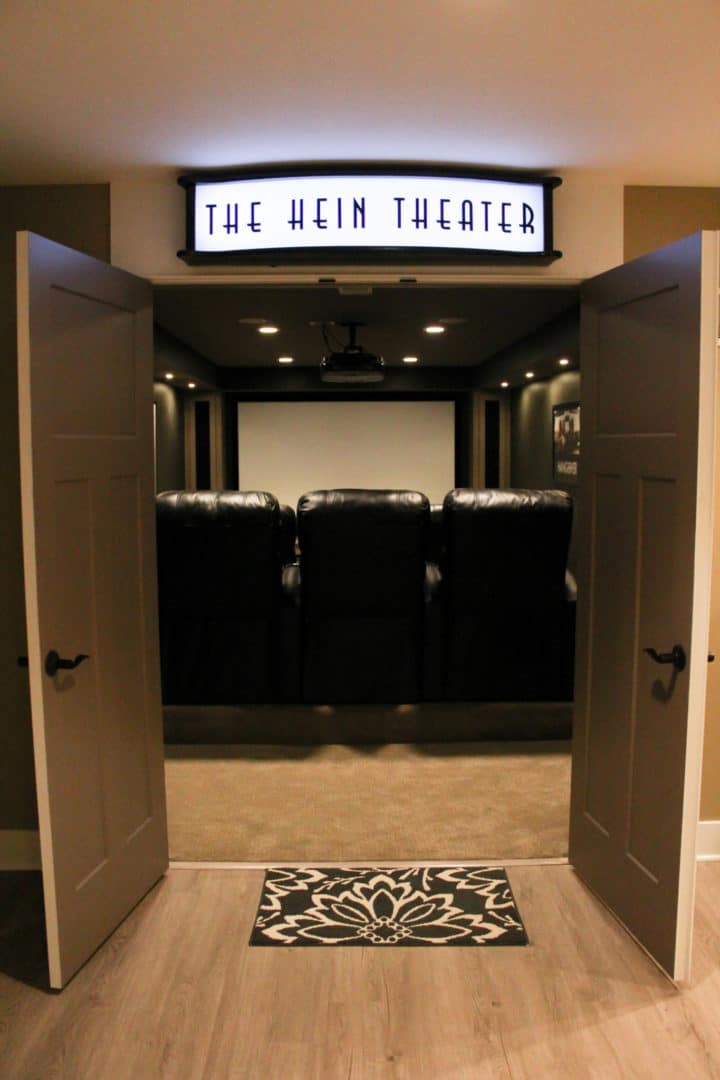 Home Theater Room with Reclining Seats and Projector.