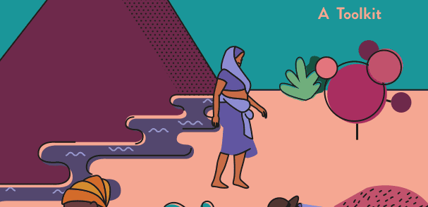 Illustration of a woman walking in a landscape with a river and a mountain in the background