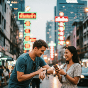 Ragazzo Occidentale Che Chiede L'ora A Una Ragazza Thai