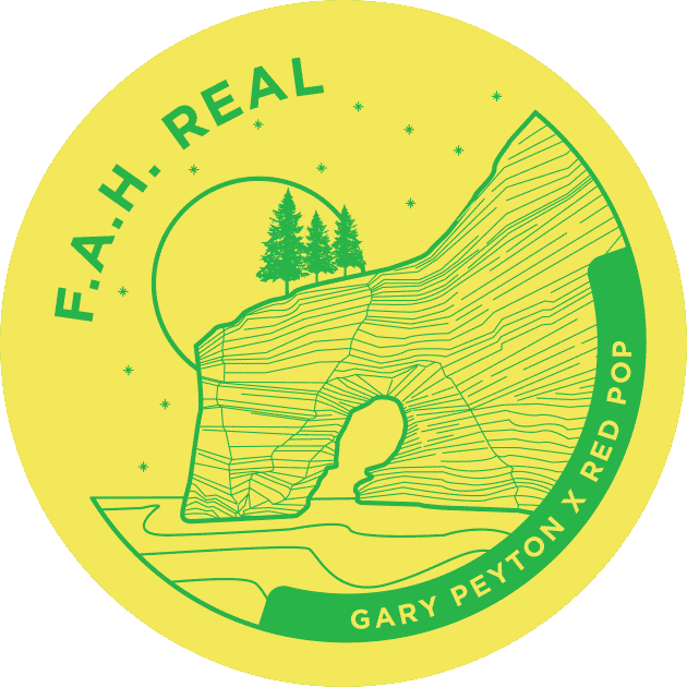 F.A.H. Real logo with a cliff, trees, and stars in green on yellow background.