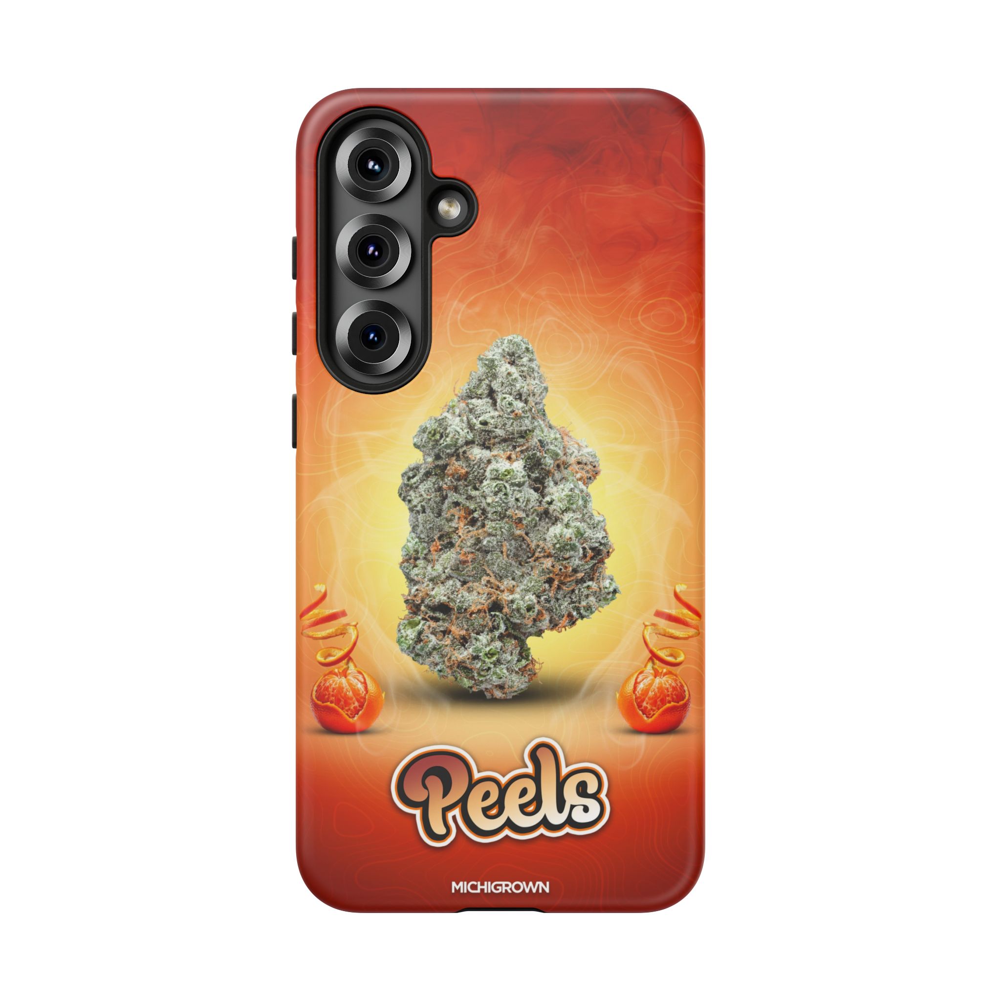 Phone case featuring a cannabis bud and fiery background for PEELS.