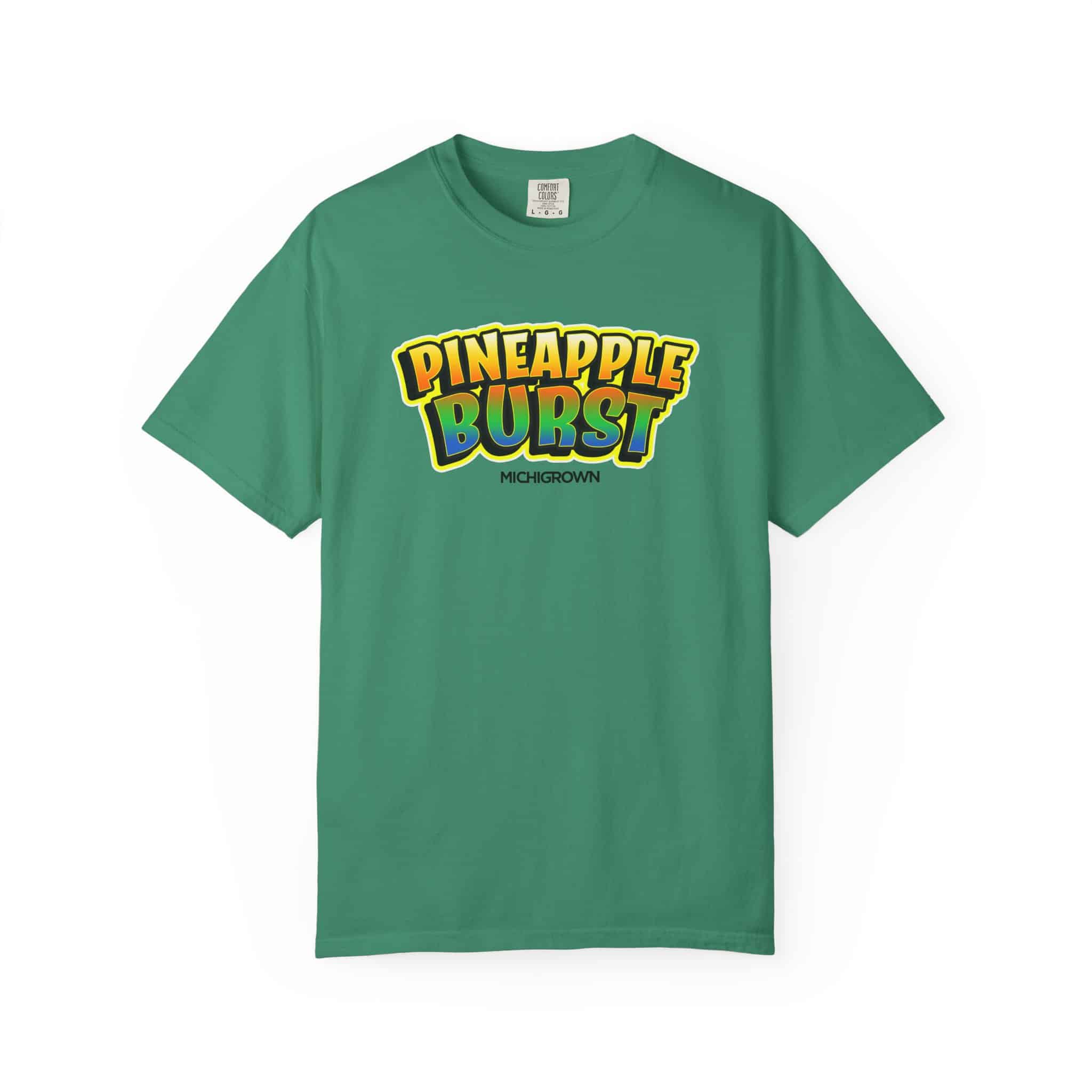 Green T-shirt with Pineapple Burst logo in yellow, orange, and blue colors.