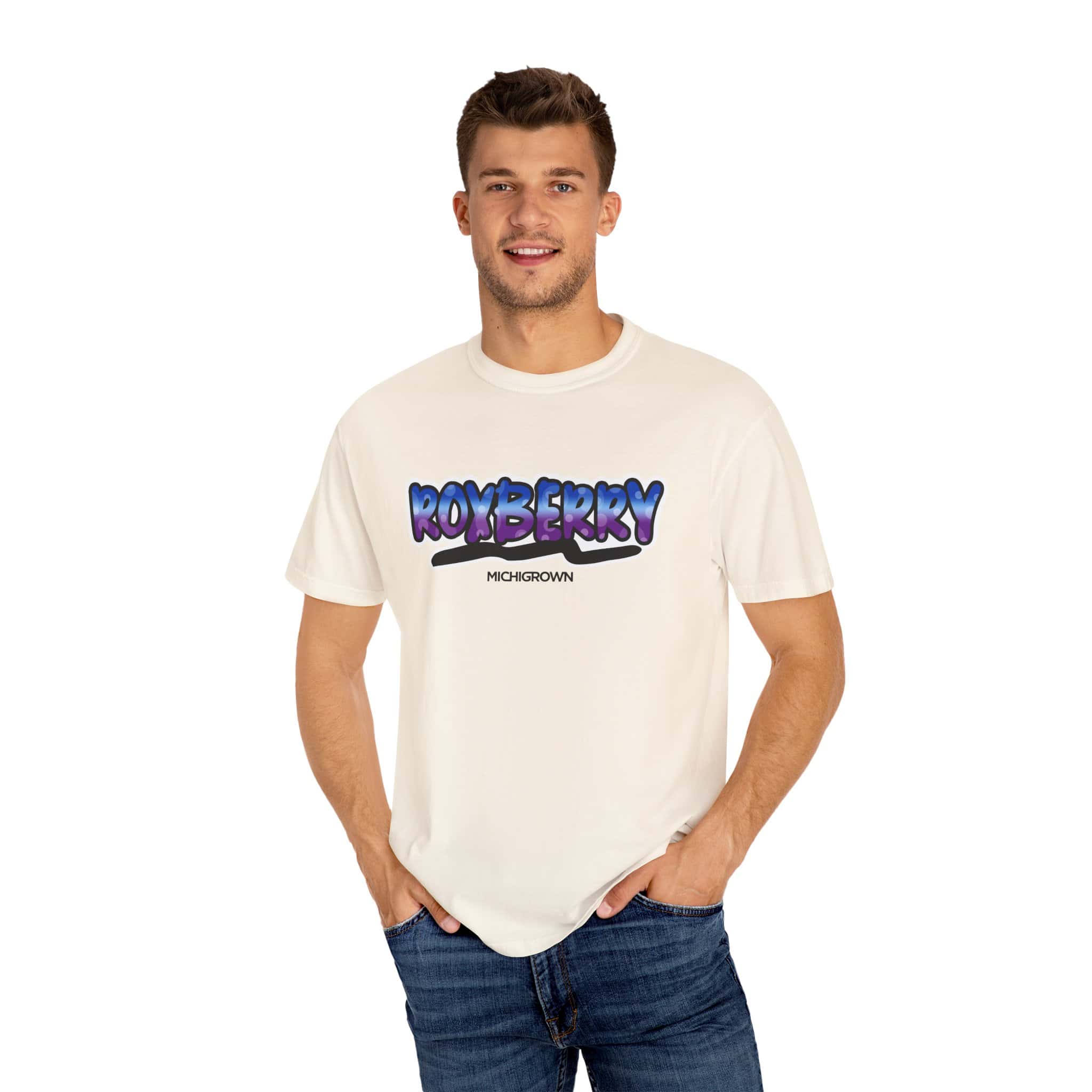 Men's Roxberry T-shirt with Michigrown logo and colorful text.