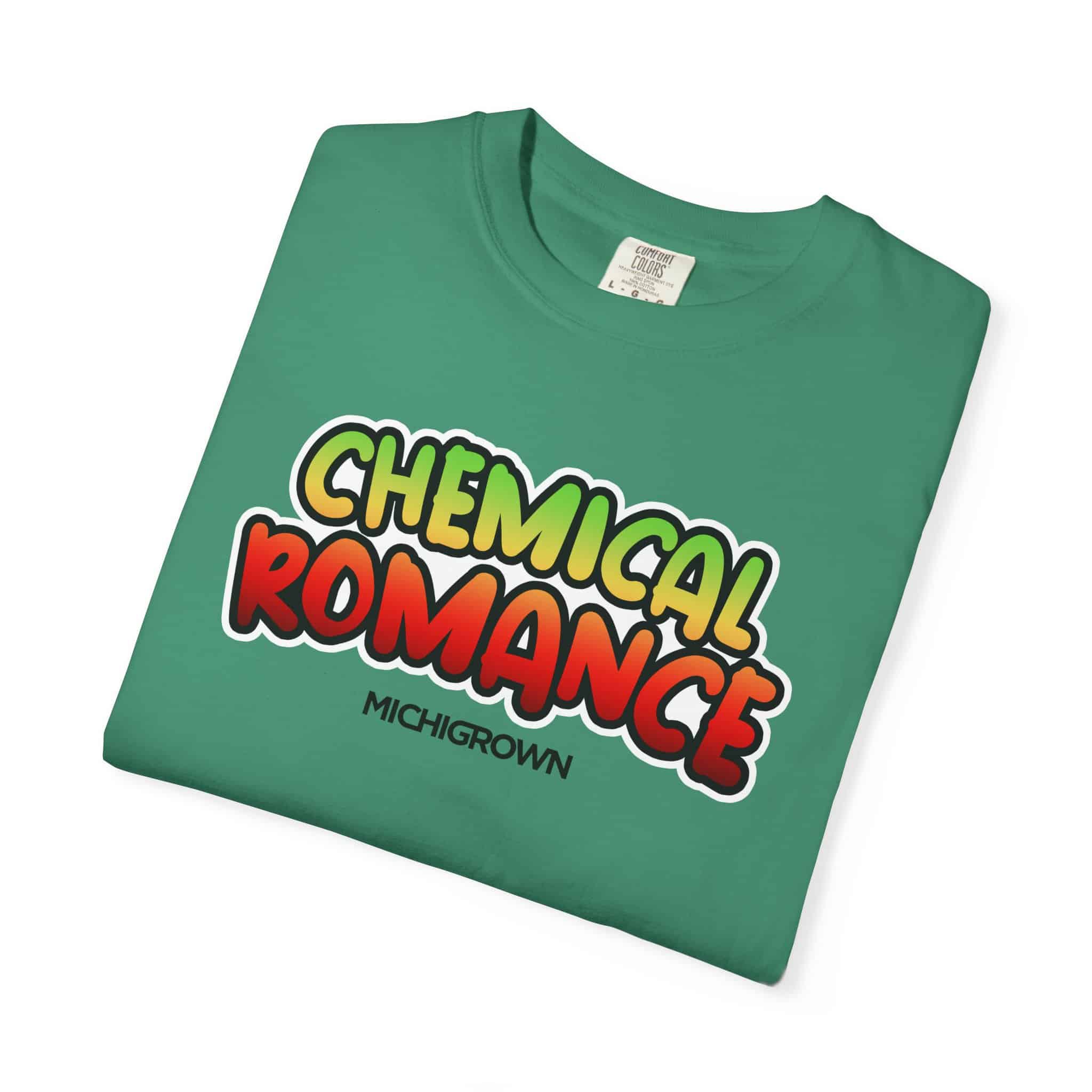 Green T-shirt with 'Chemical Romance' graphic and Michigrown logo.