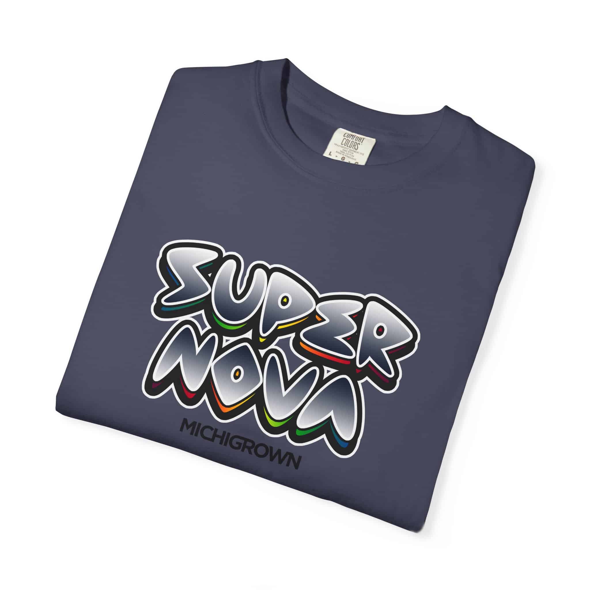 Dark blue T-shirt with colorful 'Super Nova' graffiti-style logo.
