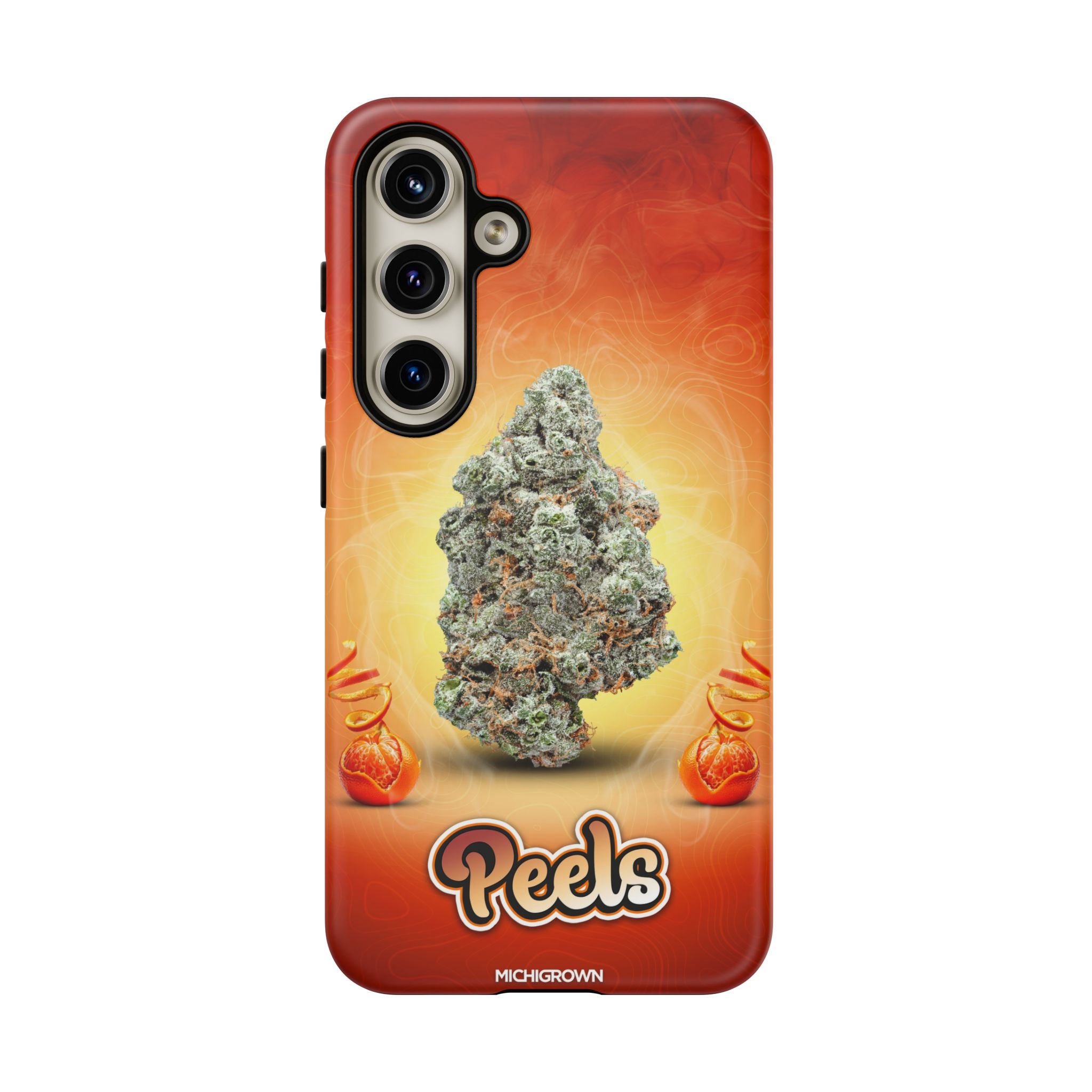 Phone case featuring a cannabis bud and fiery background for PEELS PHONE CASE.