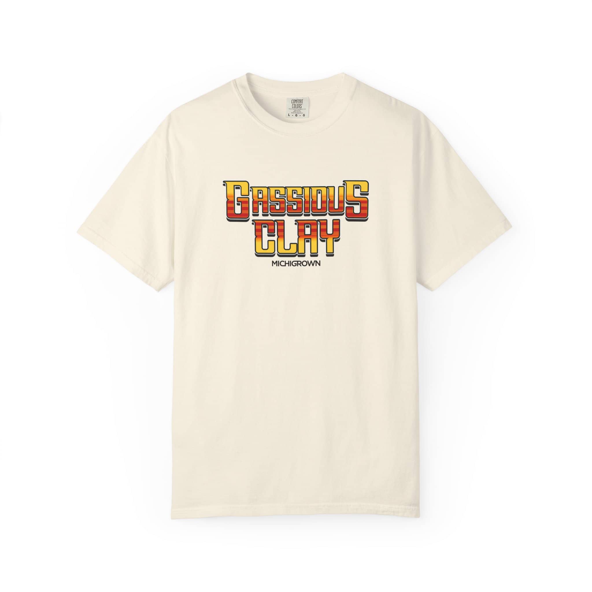 Cream-colored Gassious Clay T-shirt with bold logo design.