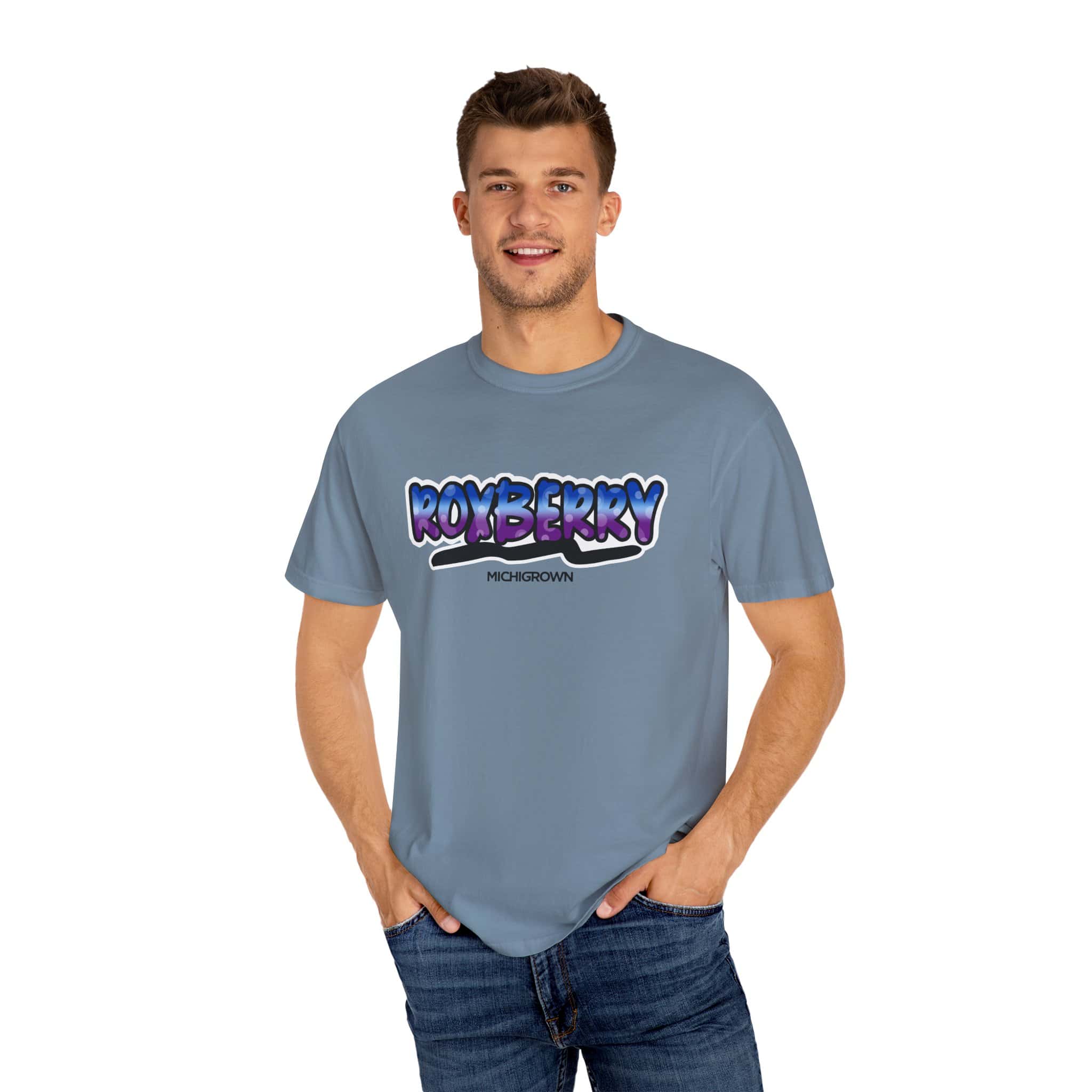 Men's Roxberry T-shirt with MichiganGrown logo in blue and black.