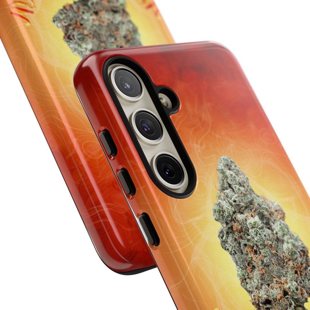 Red phone case with cannabis bud graphic for iPhone 13 Pro.