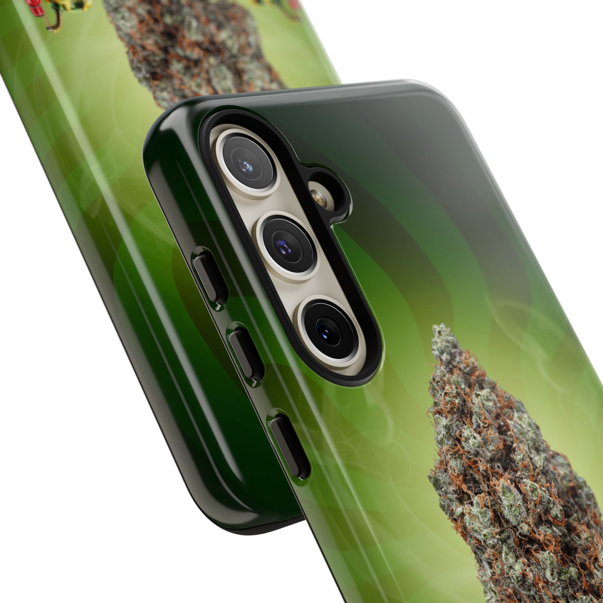 Green phone case with cannabis leaf design for iPhone.