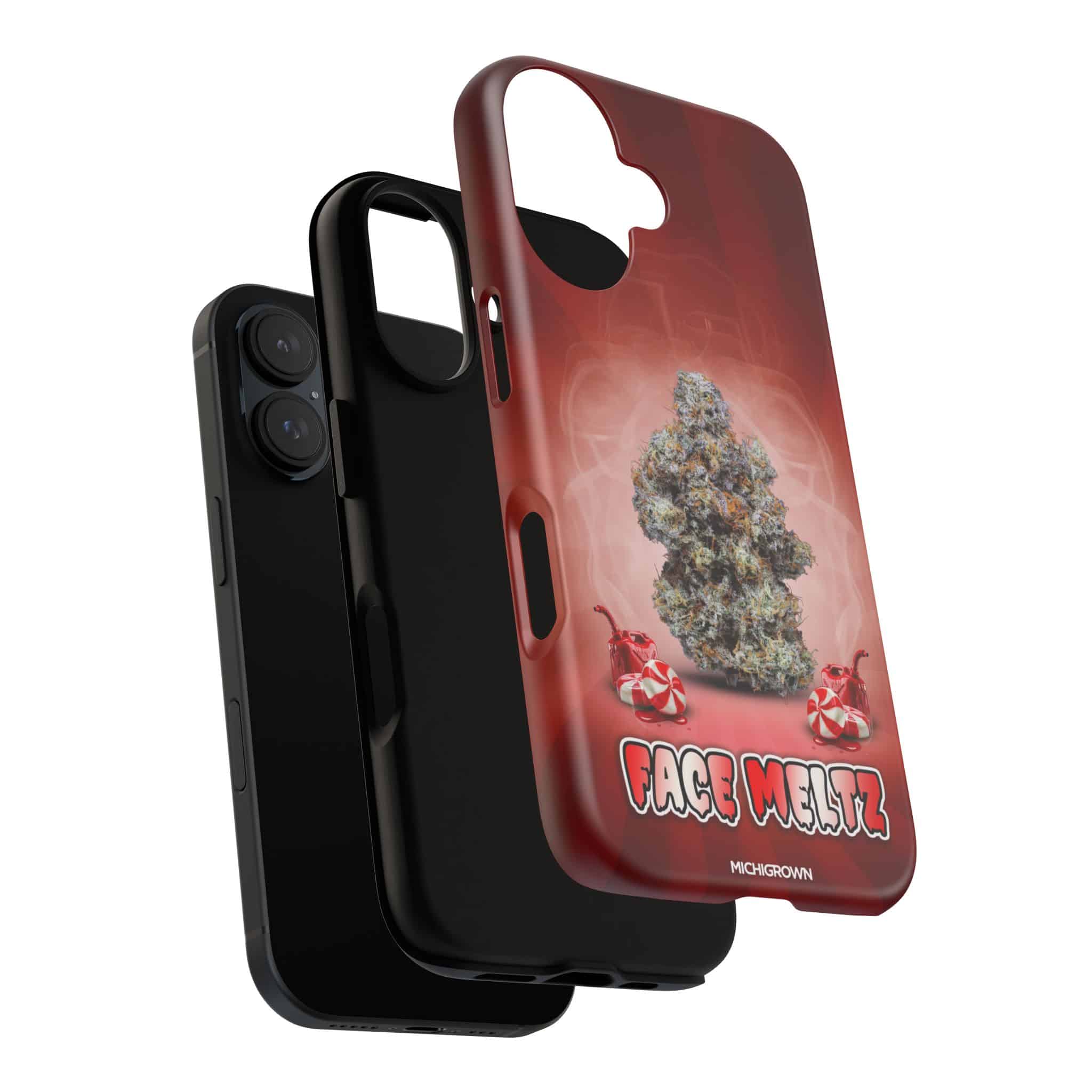 Cannabis-themed phone case with face meltz logo and marijuana leaf design.