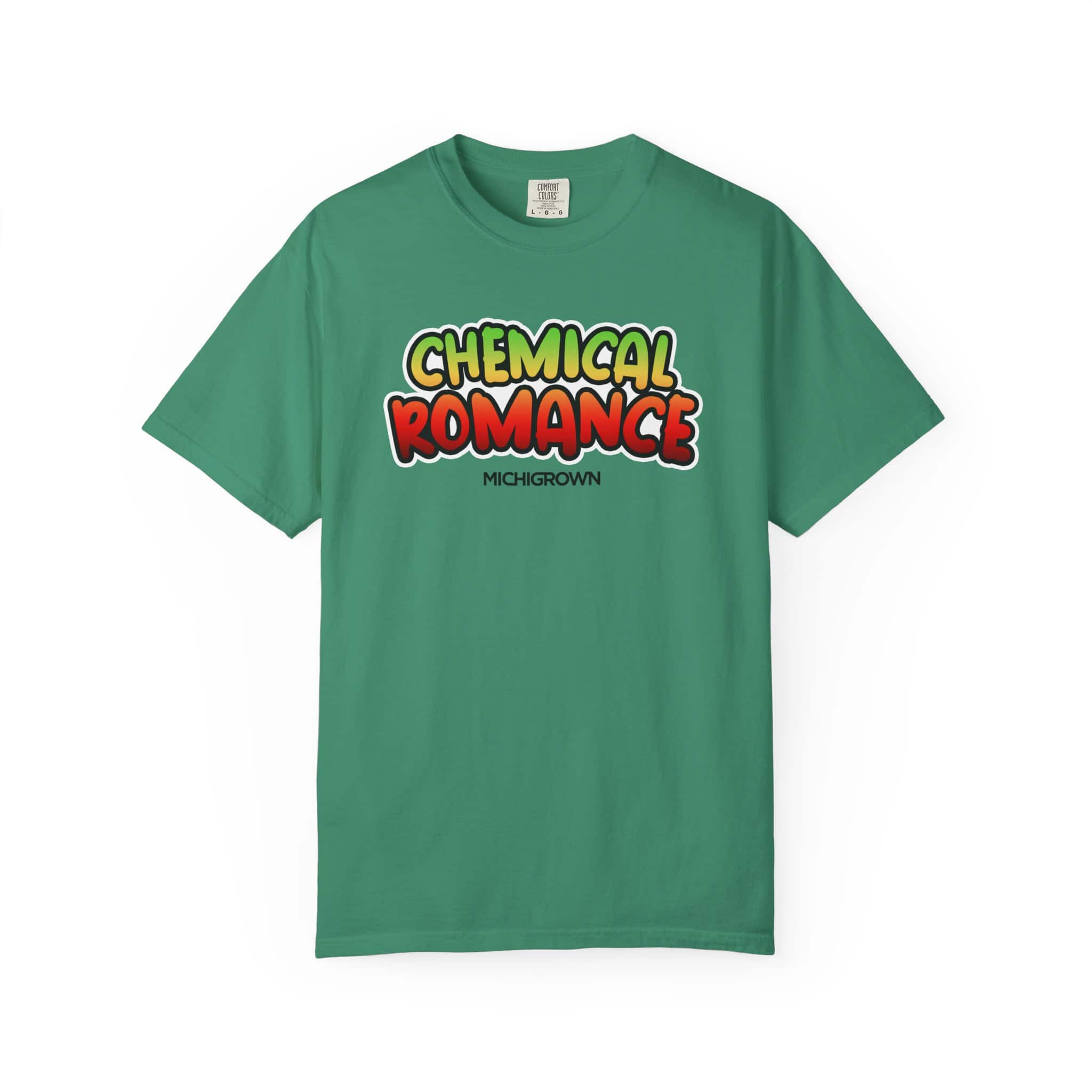 Green T-shirt with 'Chemical Romance' graphic design for men.