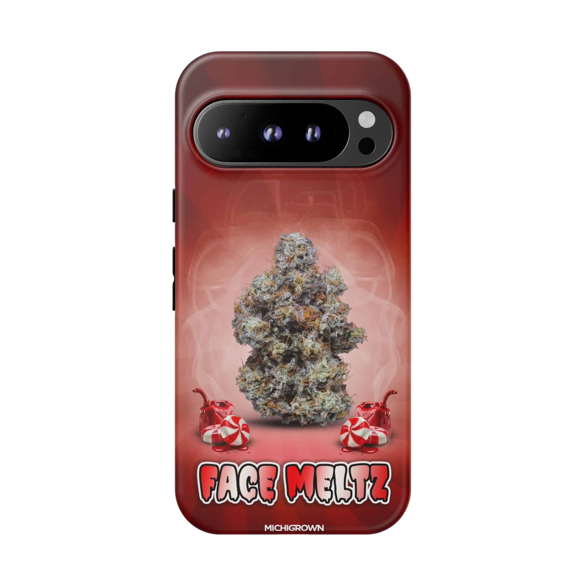 Red phone case with cannabis bud and Face Meltz logo for Michigan cannabis fans.