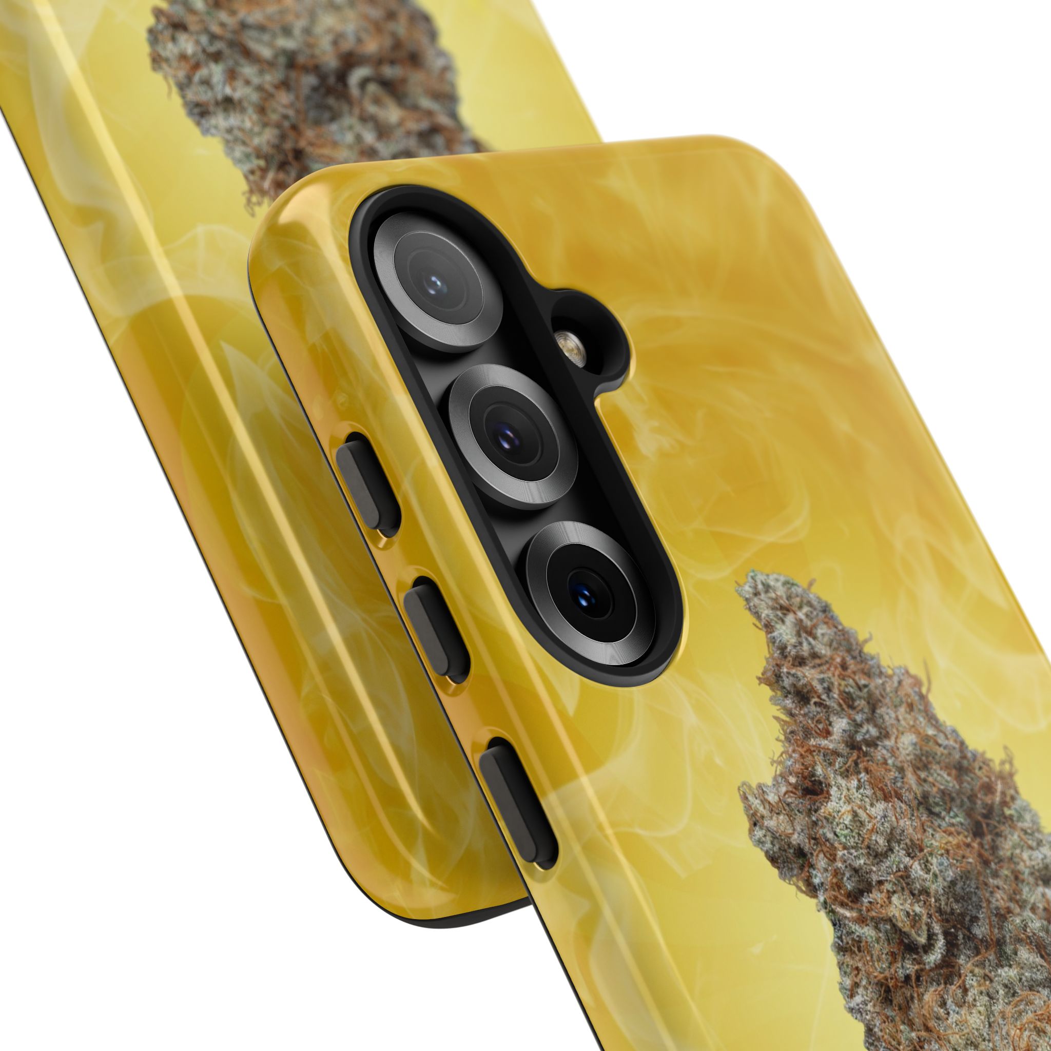 Yellow phone case with cannabis bud design for iPhone.