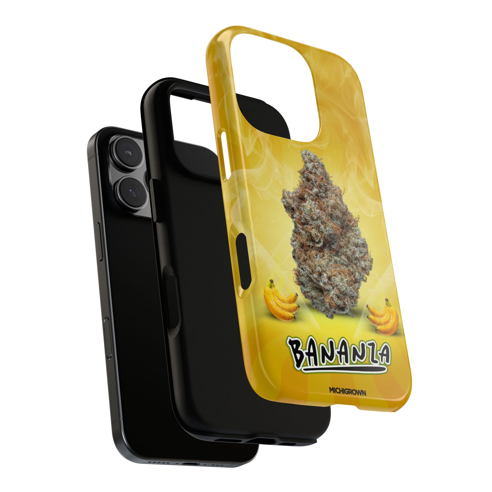 Yellow phone case with banana and cannabis leaf design for iPhone.