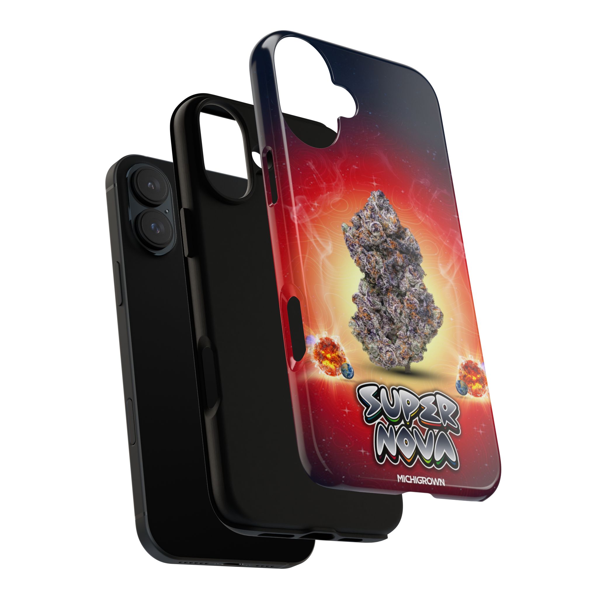 Black iPhone with Super Nova phone case featuring galaxy and asteroid design.