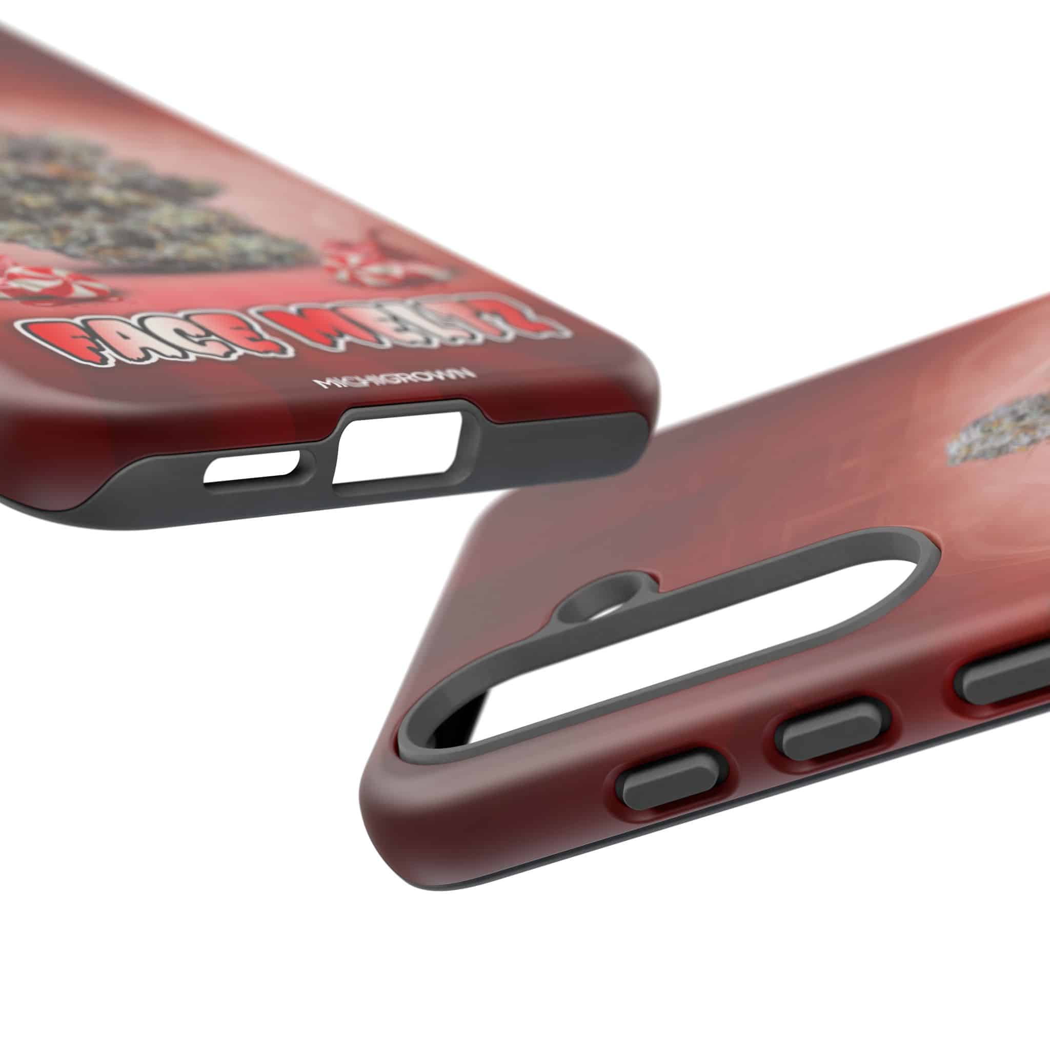 Red phone case with graphic design and protective bumper.