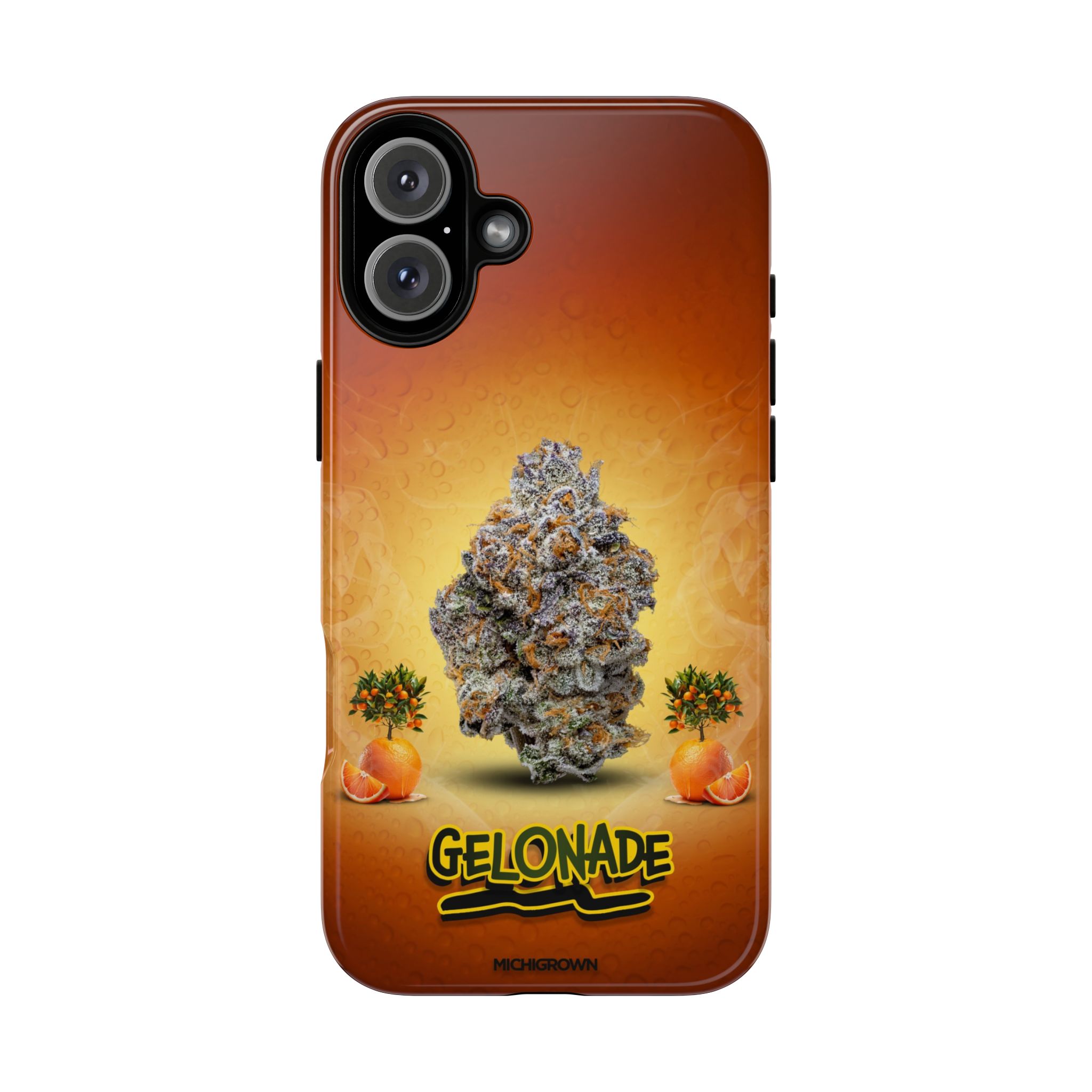 Phone case featuring cannabis buds and orange slices on a gradient background.