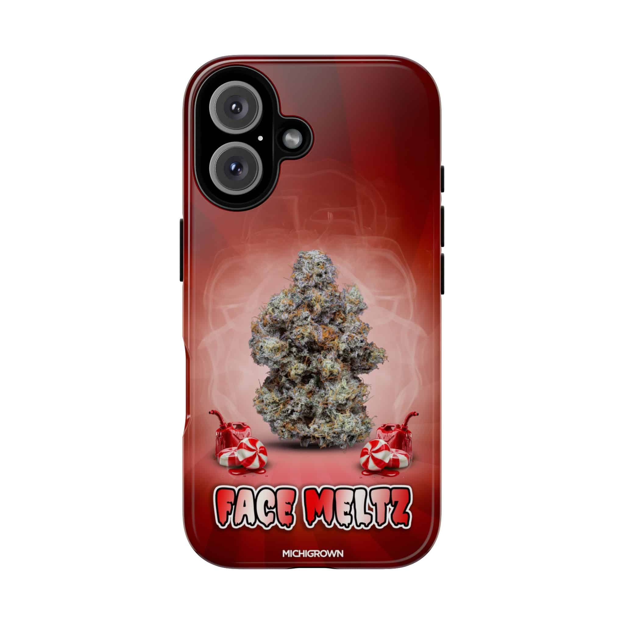 Red phone case with cannabis bud and face meltz logo design.
