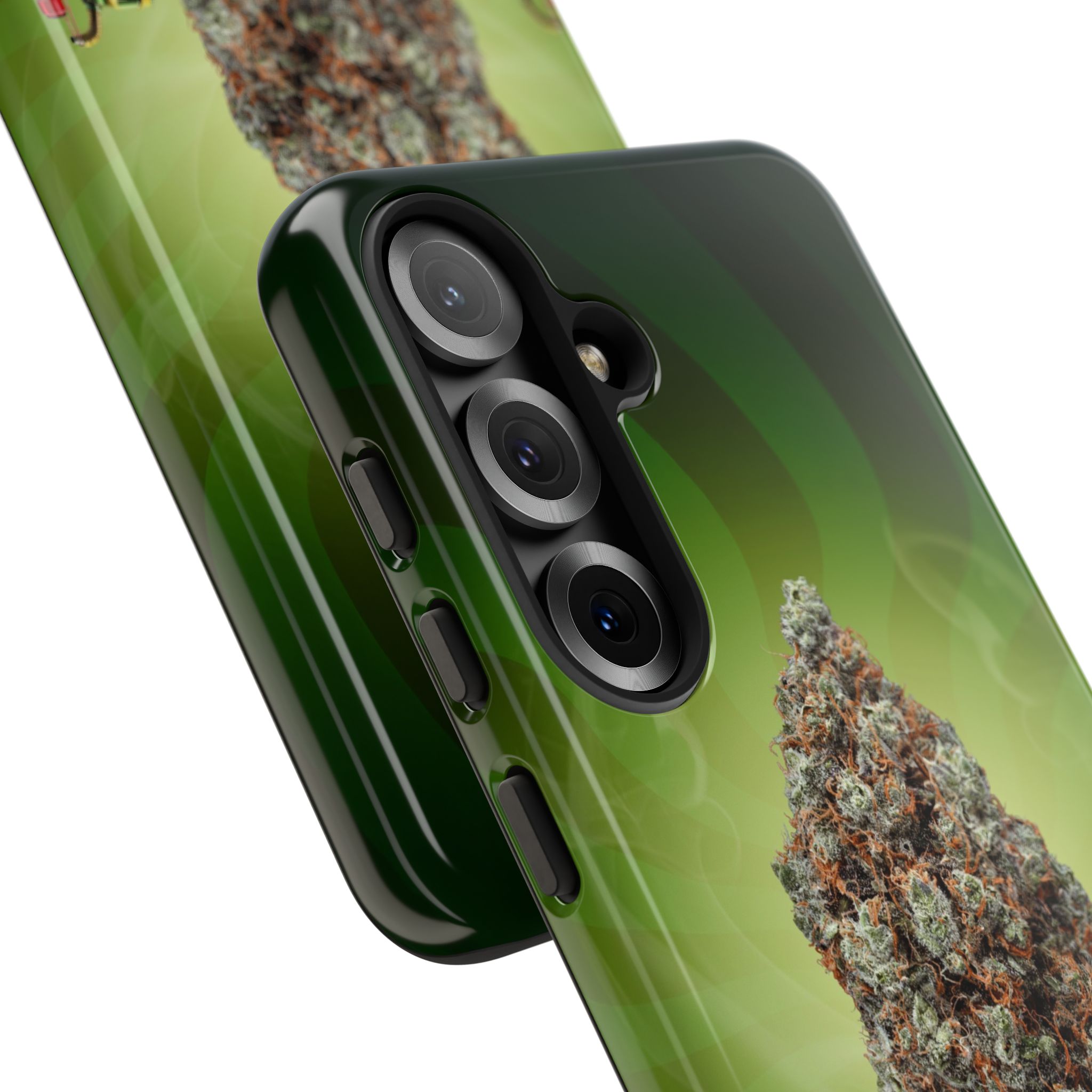 Green cannabis leaf phone case with detailed marijuana bud design.