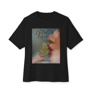 Black oversized T-shirt with a graphic of a woman holding a cannabis bud to her lips.