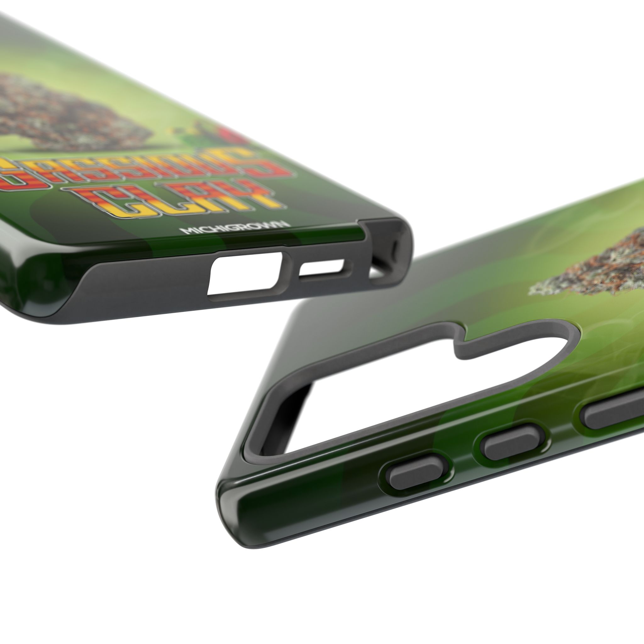 Green phone case with GASSIOUS CLAY design for iPhone.