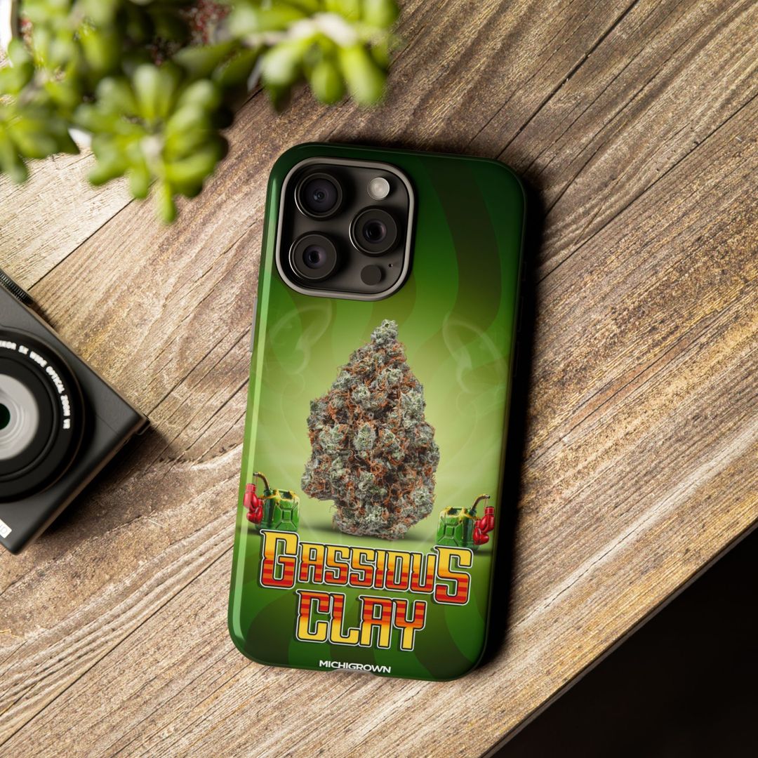 Phone case with cannabis bud design and GASSIOUS CLAY logo.