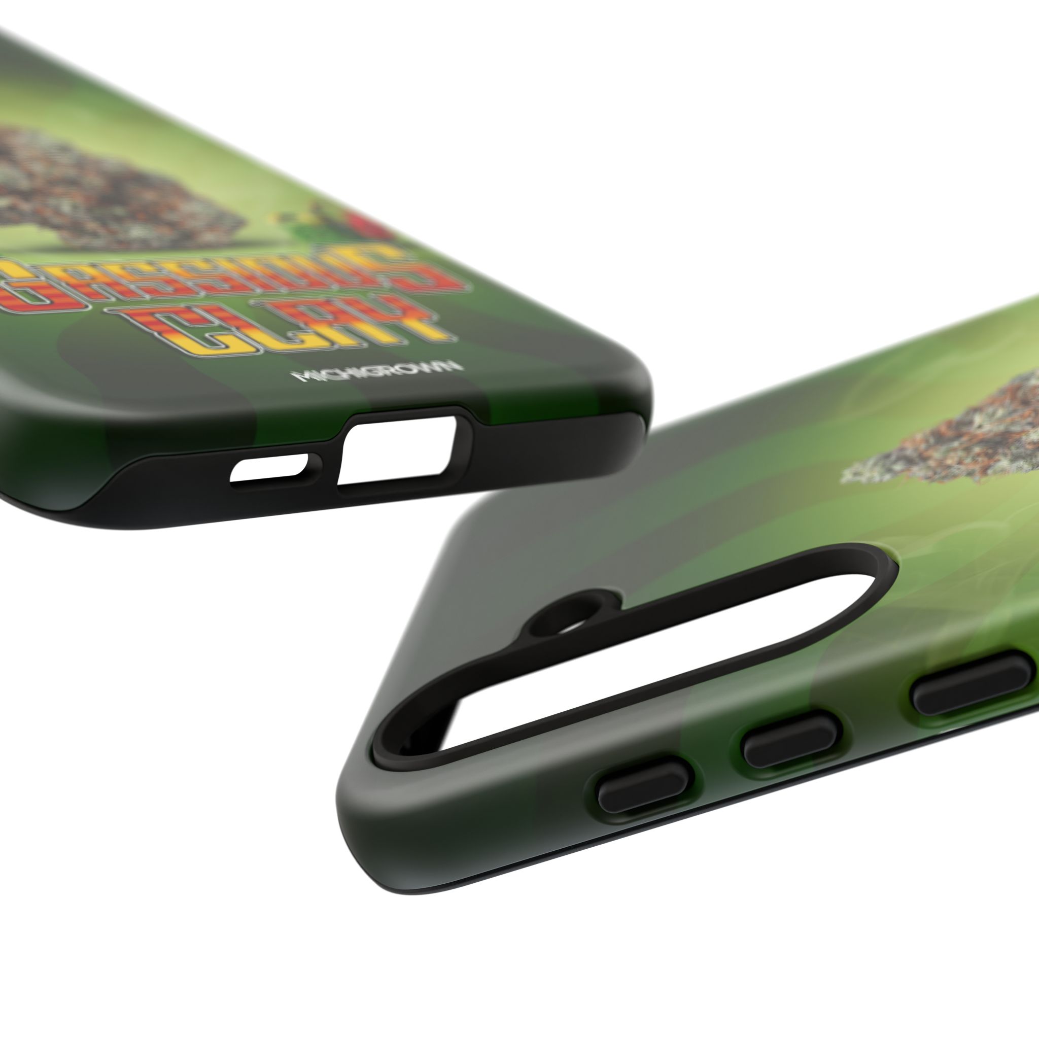 Green phone case with colorful design for GASSIOUS CLAY.
