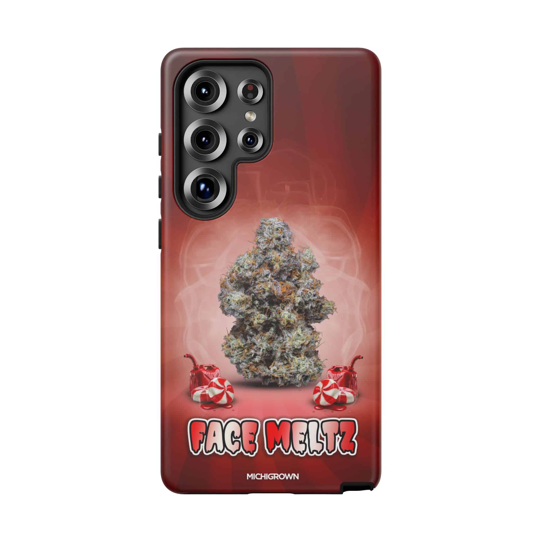 Phone case with cannabis bud and Face Meltz logo for FACE MELTZ Tough Cases.